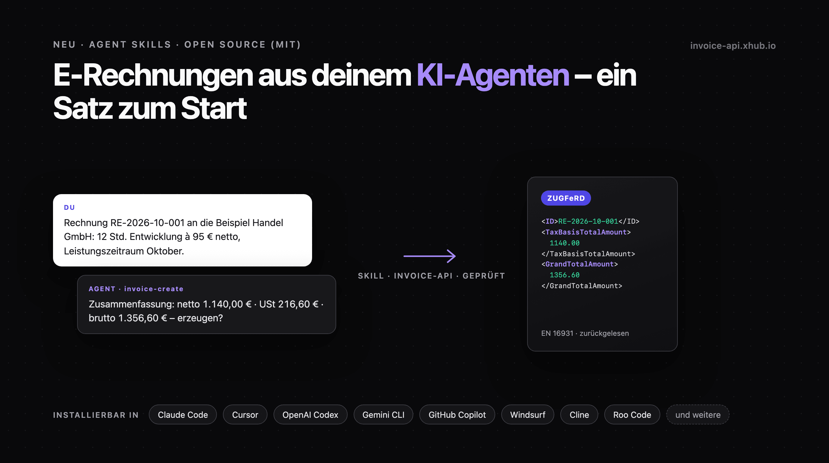 E-Rechnung aus dem KI-Agenten: drei Agent Skills für Claude – installierbar auch in Cursor, Codex & Co.