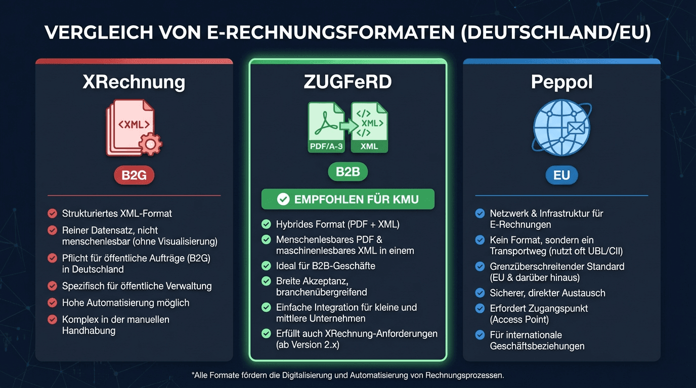 Format comparison: XRechnung vs ZUGFeRD vs Peppol