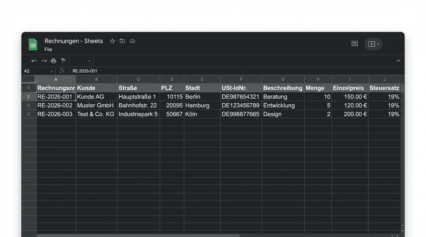 Google Sheets mit Rechnungsdaten