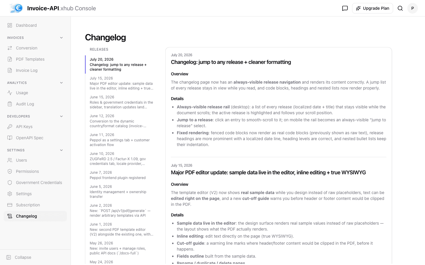 Changelog page in the Console with always-visible release rail