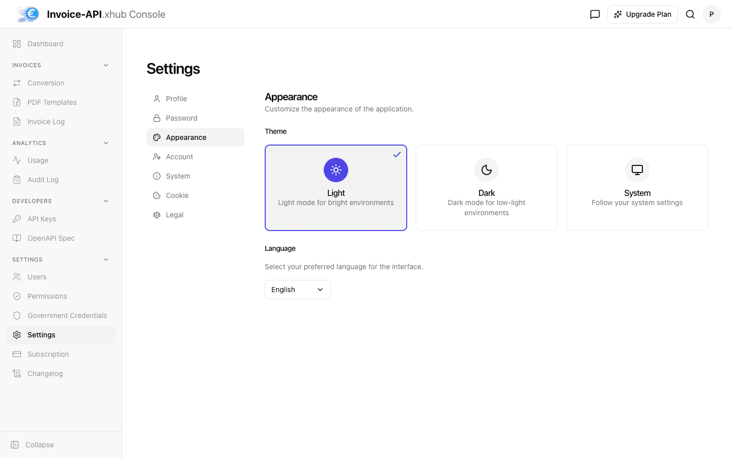 Settings page with inner navigation and the settings group expanded in the sidebar