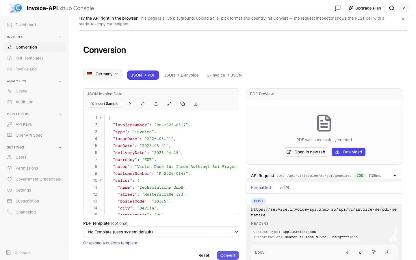 Conversion page with country picker, sample data and request inspector showing the REST call