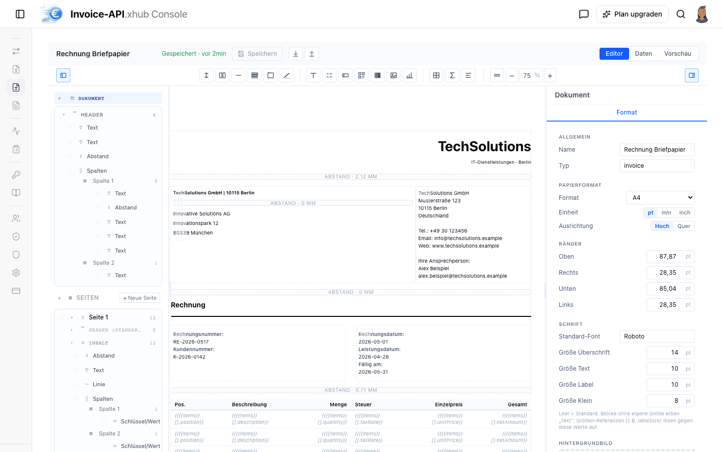 Editor canvas showing an invoice template with substituted sample data