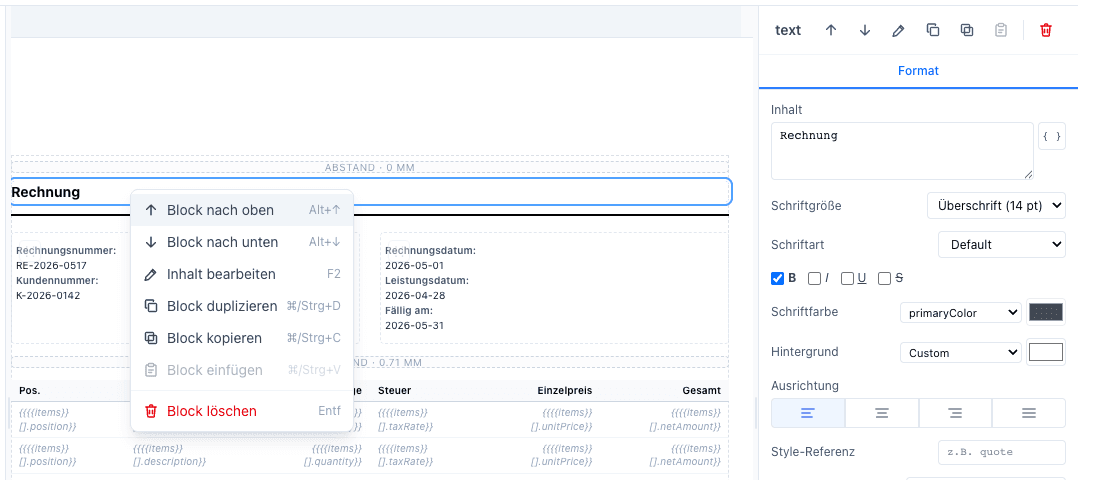 Block context menu and action bar in the properties panel