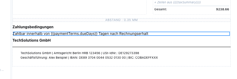 A text block in inline edit mode showing the raw placeholder