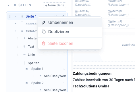 Page context menu with rename, duplicate and delete