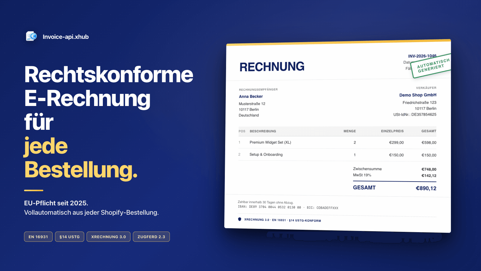 Rechtskonforme E-Rechnung für jede Shopify-Bestellung